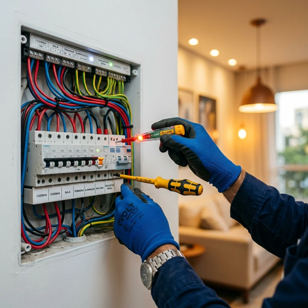 Eletricista profissional executando serviço elétrico em Goiânia