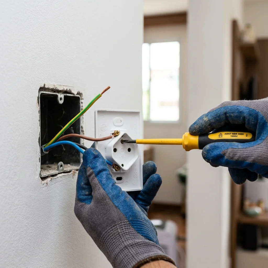 Eletricista instalando tomada de parede padrão ABNT 3 pinos