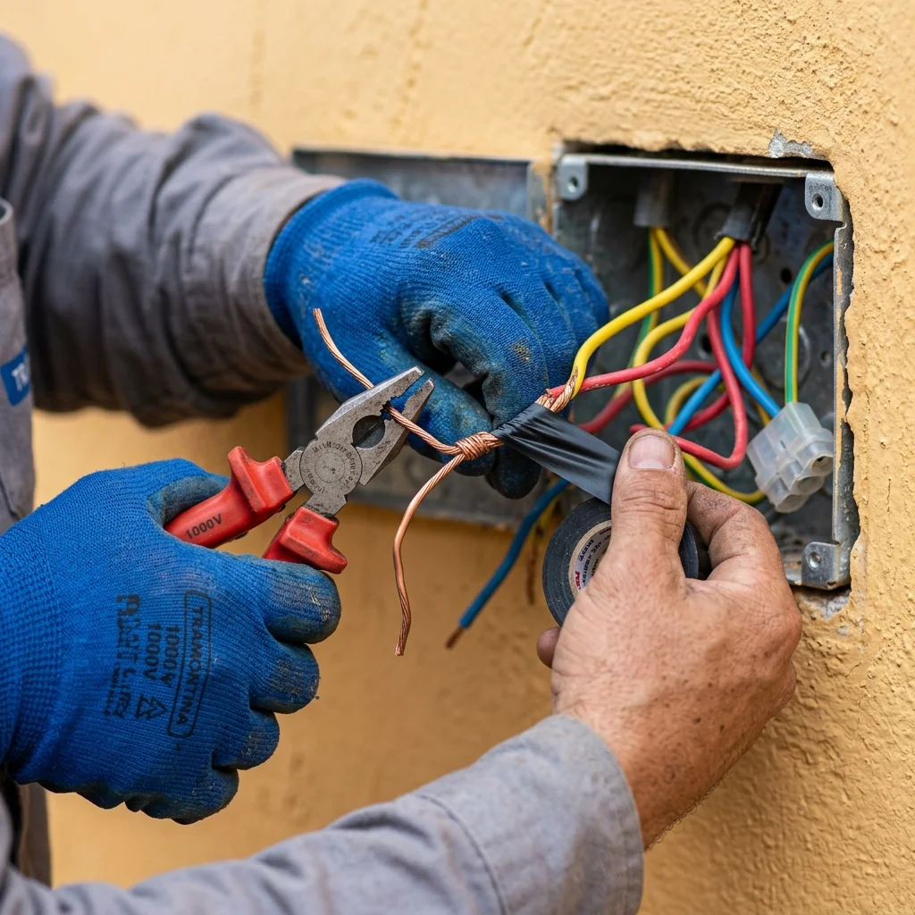 Eletricista realizando reparo de fiação em caixa de passagem