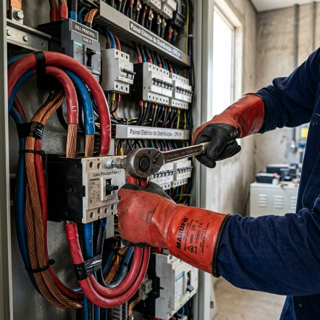 Eletricista apertando cabos de alta amperagem em quadro elétrico comercial
