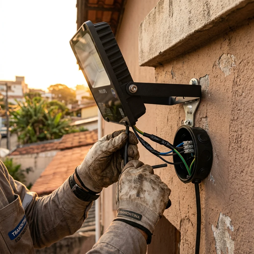 Eletricista instalando refletor de LED em fachada residencial