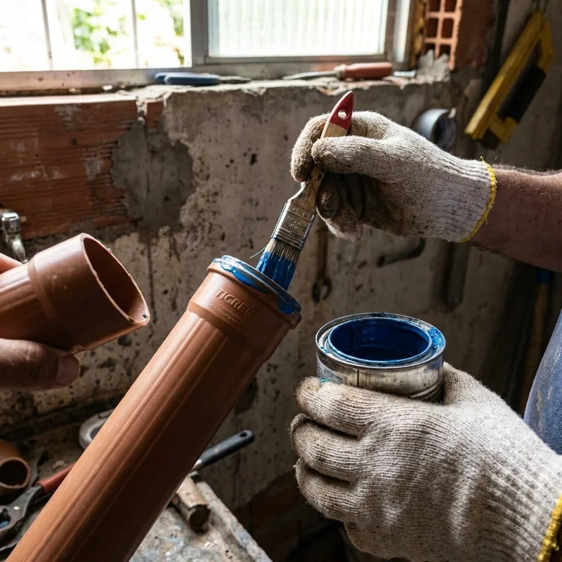 Encanador colando tubulação de PVC com adesivo Tigre