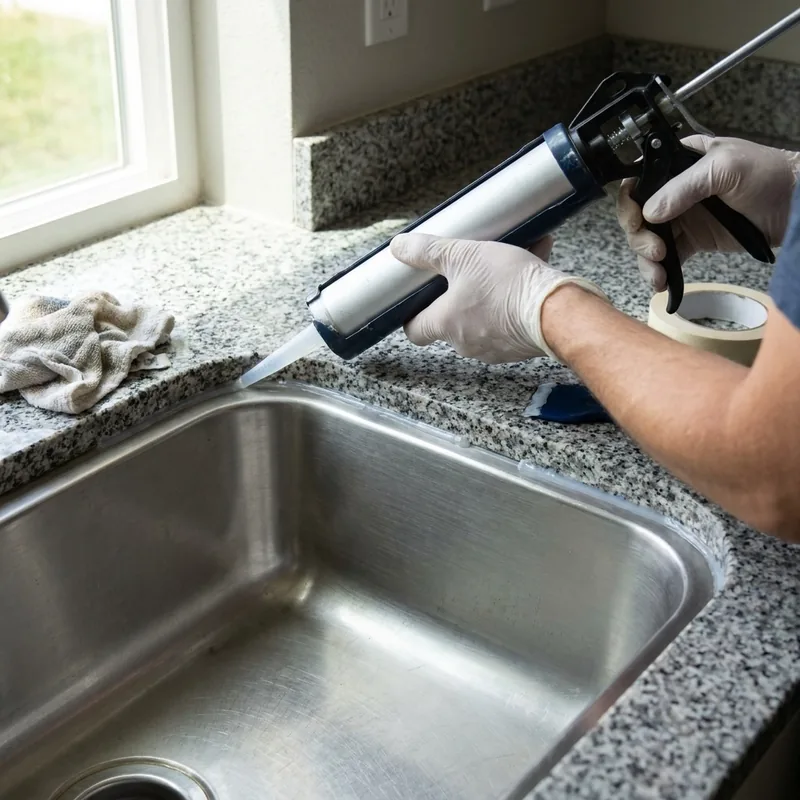 Encanador instalando cuba de cozinha e vedações